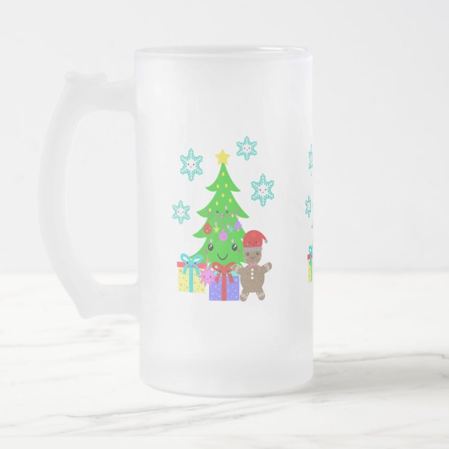 Taza De Cristal Esmerilado Cute Kawaii Face Christmas Tree Scene, ZSG (Izquierda)