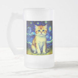 Taza De Cristal Esmerilado Cute Kitten Starry Night Van Gogh