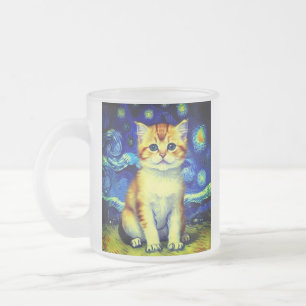 Taza De Cristal Esmerilado Cute Kitten Starry Night Van Gogh