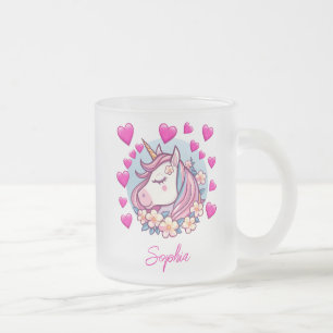 Taza De Cristal Esmerilado Cute Unicorn, Corazones y Flores Rosas, Nombre Per