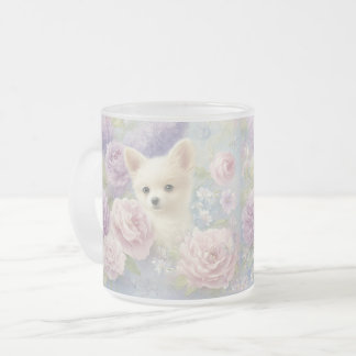Taza De Cristal Esmerilado cute white puppy with flowers