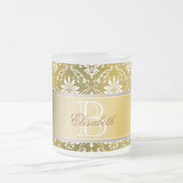 Taza De Cristal Esmerilado Damasco amarillo del monograma y blanco de oro