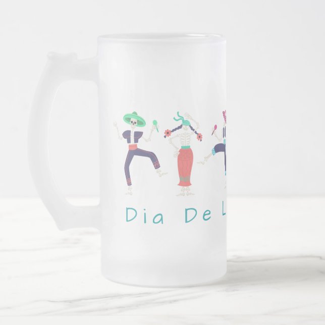 Taza De Cristal Esmerilado Dia De Las Muertos Bailando Esqueletos (Izquierda)