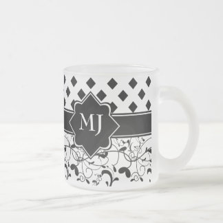 Taza De Cristal Esmerilado Diamantes victorianos florecen blancos negros