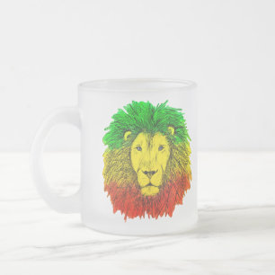 Taza De Cristal Esmerilado Dibujo de cabeza de león Rasta rojo amarillo verde