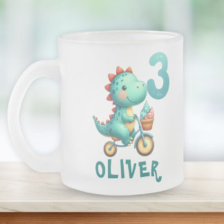 Taza De Cristal Esmerilado Dinosaurio lindo con bicicleta tercer cumpleaños