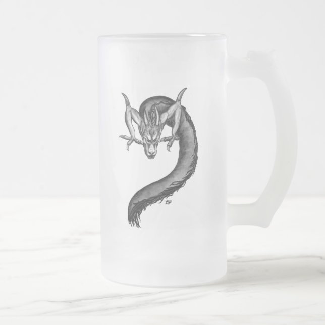Taza De Cristal Esmerilado Diseño blanco y negro de Dragon (Derecha)