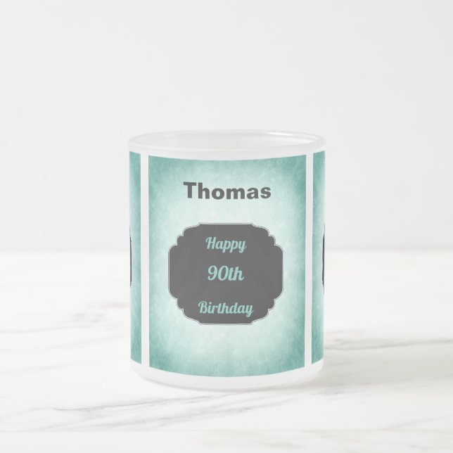 Taza De Cristal Esmerilado Diseño elegante azul add name 90th Birthday (Centro)