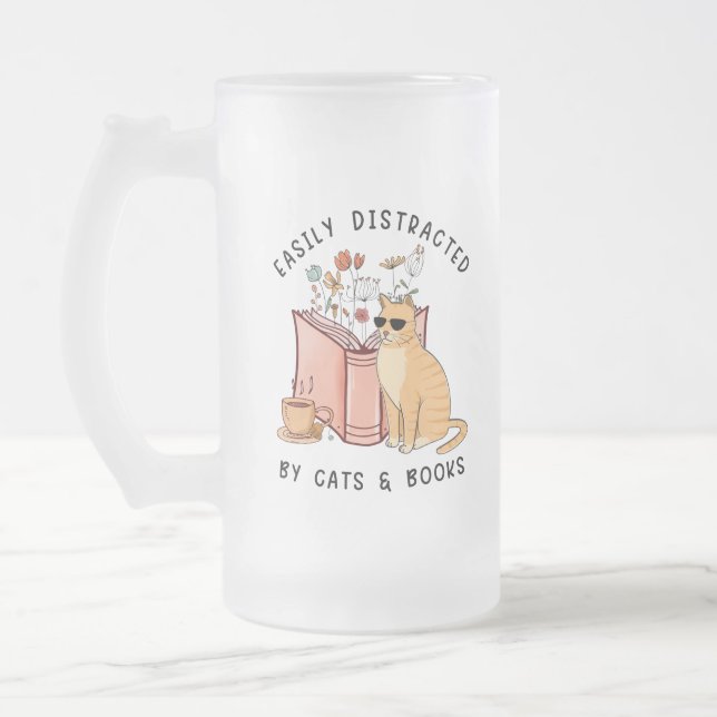 Taza De Cristal Esmerilado Distracción fácil por gatos y libros (Izquierda)