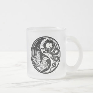Taza De Cristal Esmerilado Dragón blanco y negro Phoenix Yin Yang