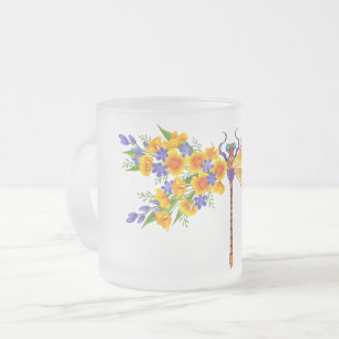 Taza De Cristal Esmerilado Dragón de flores amarillas