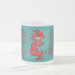 Taza De Cristal Esmerilado Dragón Rojo Verde azulado