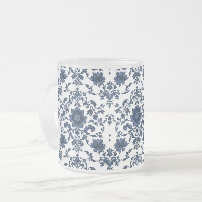 Taza De Cristal Esmerilado Elegant Victorian Damask Flower Pattern Navy Blue  (Anverso izquierdo)