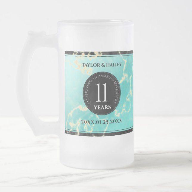 Taza De Cristal Esmerilado Elegante 11º Aniversario Boda Turquesa (Izquierda)