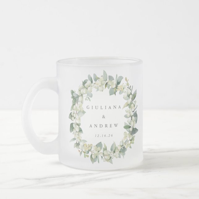 Taza De Cristal Esmerilado Elegante Boda de guirnaldas de nieve + eucalipto (Izquierda)