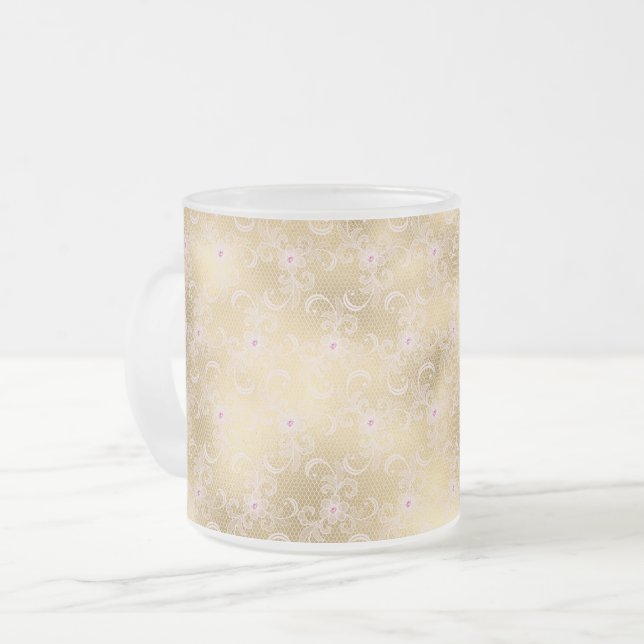 Taza De Cristal Esmerilado Elegante encaje floral rosa y dorado (Anverso izquierdo)