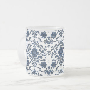 Taza De Cristal Esmerilado Elegante patrón de flores de damasco victoriano az