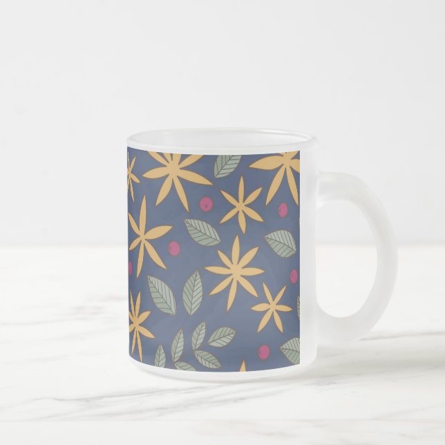 Taza De Cristal Esmerilado Elegante patrón floral amarillo en azul (Derecha)