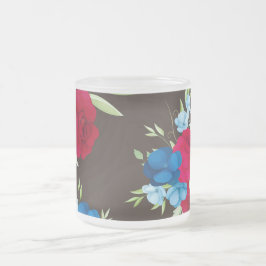 Taza De Cristal Esmerilado Elegante patrón floral rojo azul sobre marrón oscu