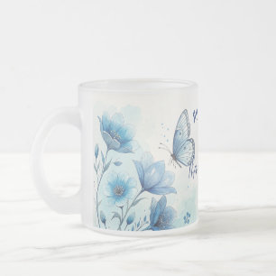 Taza De Cristal Esmerilado Elegante Personalizado Floral Azul y Mariposa