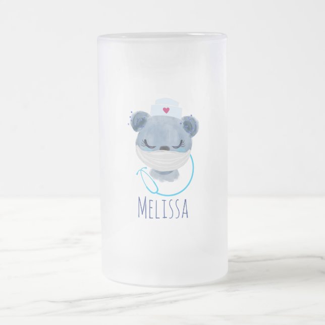 Taza De Cristal Esmerilado Enfermera de osito con máscara médica (Centro)