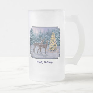 Taza De Cristal Esmerilado Escena de invierno de ciervo blanco y árbol de Nav