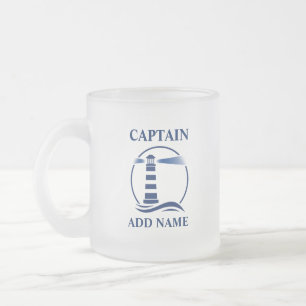 Taza De Cristal Esmerilado Faro náutico con nombre de capitán o barco
