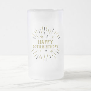 Taza De Cristal Esmerilado Feliz 50 cumpleaños fuegos artificiales oro y negr