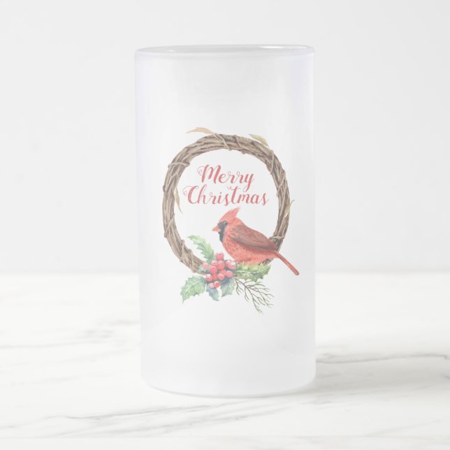 Taza De Cristal Esmerilado Feliz Cardenal de Navidad y Holly (Centro)