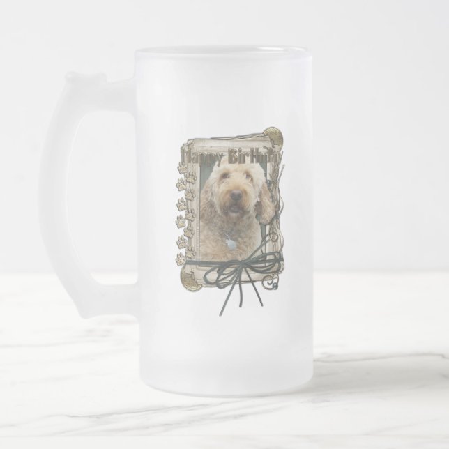 Taza De Cristal Esmerilado Feliz cumpleaños - patas de piedra - GoldenDoodle (Izquierda)