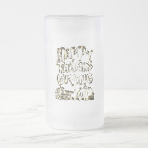 Taza De Cristal Esmerilado Feliz Día de Acción de Gracias Typography Gold Har