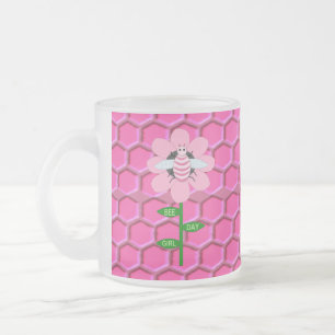 Taza De Cristal Esmerilado Feliz Día de la Abeja Chica Pink Birthday Bumblebe