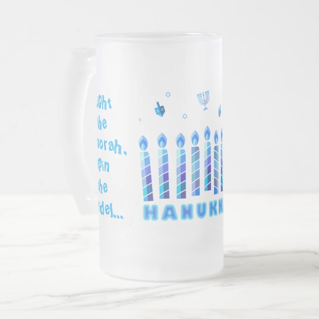 Taza De Cristal Esmerilado Feliz Fiesta Hanukkah Decoración Azul Hermosa (Anverso izquierdo)