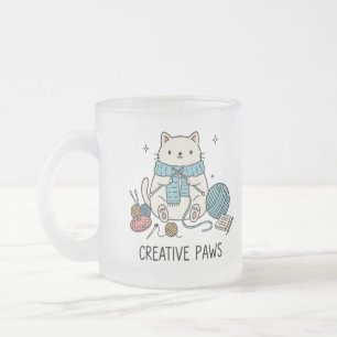 Taza De Cristal Esmerilado Feliz gato blanco tejiendo hilo de lana pasatiempo