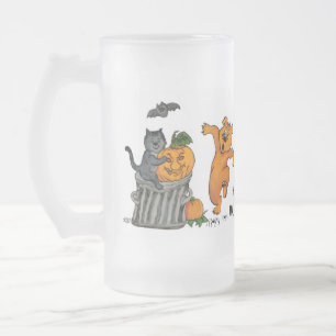 Taza De Cristal Esmerilado Feliz Halloween con gatos, perro y araña