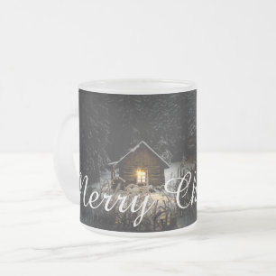 Taza De Cristal Esmerilado Feliz Navidad Cabaña Mística Bosques Profundos