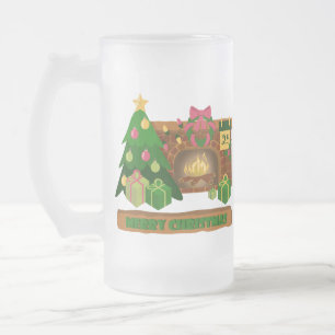 Taza De Cristal Esmerilado Feliz Navidad cerca de la chimenea hoguera árbol d