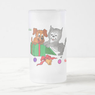 Taza De Cristal Esmerilado Feliz Navidad con gato y pipa