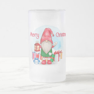 Taza De Cristal Esmerilado Feliz Navidad Gnome Cerveza de vidrio helada Mug