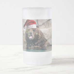 Taza De Cristal Esmerilado Feliz Navidad Grizzly Bear