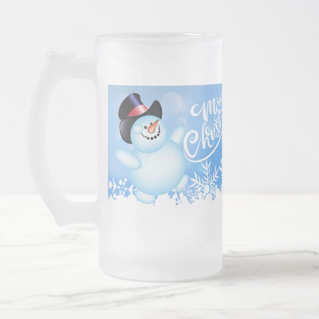 Taza De Cristal Esmerilado Feliz Navidad, Jolly Snowman y Ornamento (Izquierda)