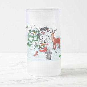 Taza De Cristal Esmerilado ¡Feliz Navidad! Snowman con sus amigos