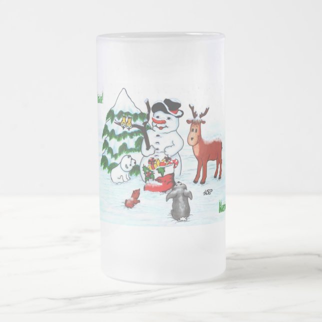 Taza De Cristal Esmerilado ¡Feliz Navidad! Snowman con sus amigos (Centro)