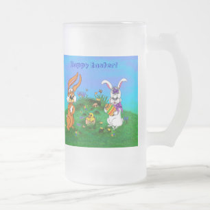 Taza De Cristal Esmerilado ¡Feliz Pascua! Conejo con Conejito y Pollito