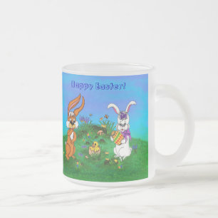 Taza De Cristal Esmerilado ¡Feliz Pascua! Conejo con conejo y pollo