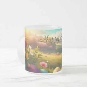 Taza De Cristal Esmerilado Feliz Pascua en un paisaje primaveral