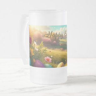 Taza De Cristal Esmerilado Feliz Pascua en un paisaje primaveral