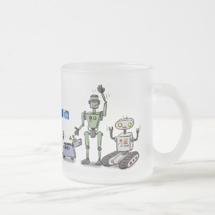 Taza De Cristal Esmerilado Feliz personalizado de trío de robots lindos