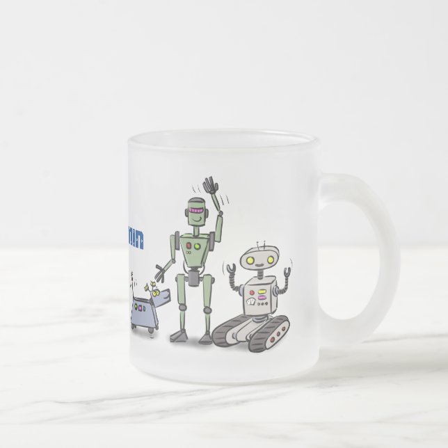 Taza De Cristal Esmerilado Feliz personalizado de trío de robots lindos (Derecha)