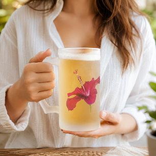 Taza De Cristal Esmerilado Flor de Hibisco Rojo Vista Lateral